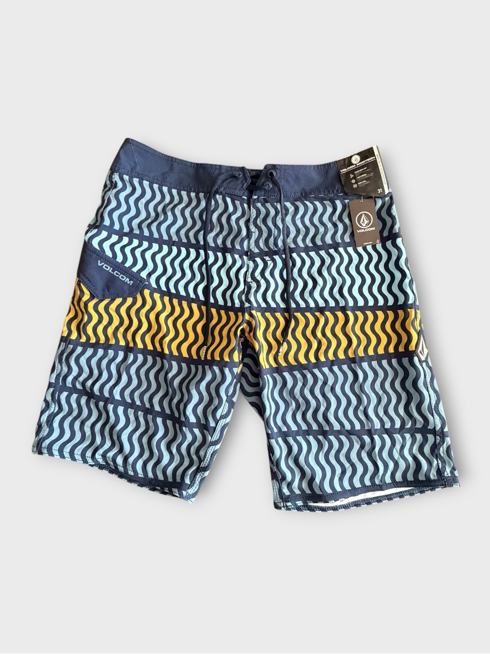 Volcom Men’s Navy & Light Blue Wave Print Board Shorts with Yellow Stripe